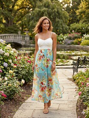 Trixxi Floral Maxi Dress L NWT Lace Bustier Top & Aqua Chiffon Skirt | Boho